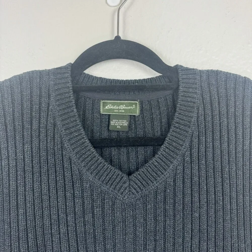 Eddie Bauer Rib Knit Cotton Pullover V-Neck Long Sleeve Sweater Charcoal Gray XL